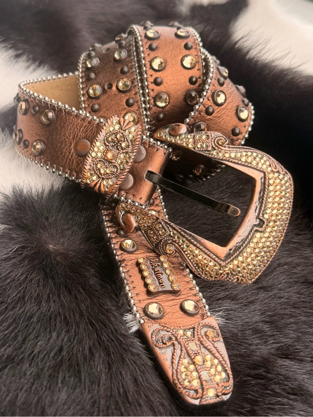 B.B. Simon Copper Crystal-Embellished Western Belt